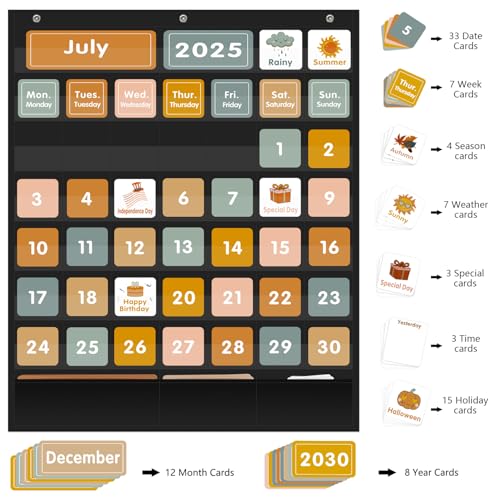 REGELETO Boho 46+3 Pockets Calendar Pocket Chart with 92 Cards for Classroom,Large Size: 28.75 x 24 inch Black Monthly Calendar and Weather Pocket Chart for Students Learning for Home or School - size: 46+3 Pockets