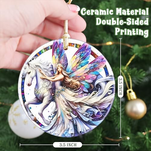 Unicorn and Fairy Christmas Ornament - 3.5 Inch Ceramic Hanging Decoration for Christmas Tree, Gift Exchange or Holiday Presents - color: Unicorn and Fairy