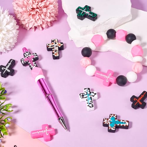 Beadthoven 12Pcs 12 Styles Cross Silicone Focal Beads Word Jesus Cow Leopard Printed Silicone Beads Cute Cross Shaped Charm Spacers for Pens Keychain Jewelry Making DIY Supplies Crafting - color: Jesus Cross 12 Styles