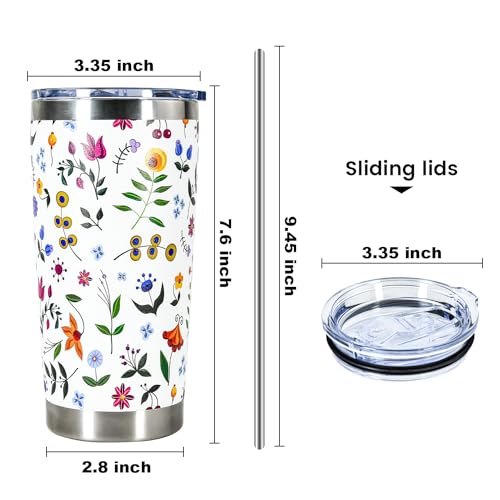 20oz Tumbler with Lid and Straw, Flower Coffee Mug Double Wall Vacuum Insulated Travel Mug Floral Cup Stainless Steel Water Bottle Reusable Tumblers Car Gift for Ice Drinks, Hot Beverage, White - color: White