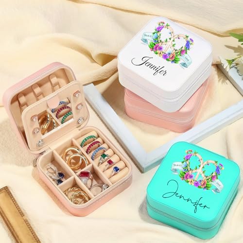Personalized Travel Jewelry Box with Peace and Love, Custom Jewelry Organizer with Name for Women, Teens - color: Peace and Love - Turquoise