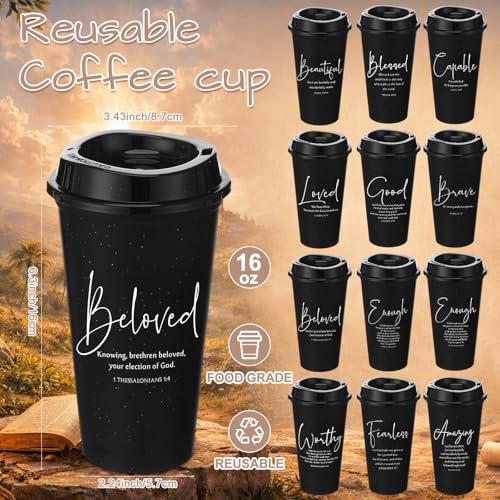FoldTier 12 Pcs Church Gifts Inspirational Christian Coffee Cups Bulk Religious Gifts 16 oz Reusable Plastic Bible Verse Tumbler with Lid Straw Scripture Drinking Cup(Black) - color: Black