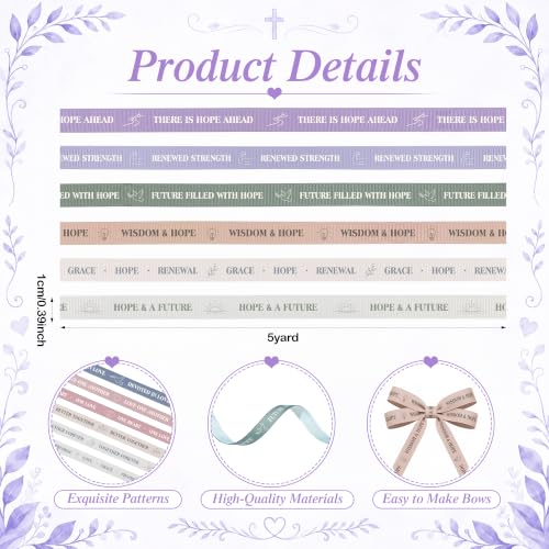 6 Rolls Bible Verse Ribbon, 3/8 Inch Grosgrain Religious Ribbon, Hope Theme - color: Hope