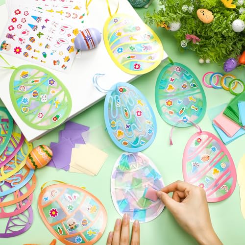 DoubleFill 48 Pcs Easter Egg Suncatchers Craft Kits DIY Easter Tissue Paper Suncatchers Bulk Stained Glass Effect, Spring Window DIY Art Crafts for Home Activities Party Decoration Favor - style: Easter Egg