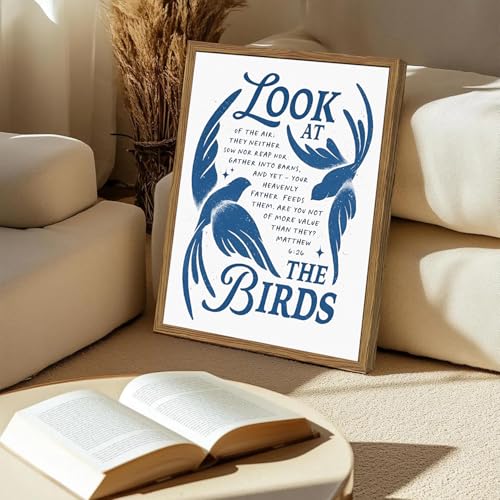 Christian Scripture Quotes Wall Art Jesus Bible Verse Sign Wall Decor Painting, Look at the Birds Matthew 6:26 Religious Poster Canvas Print Picture for Living Room Bedroom 12x16 in Wood Framed - color: Jesus-I, size: 16"L x 12"W