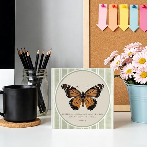 Monarch Butterfly Christian Wooden Box Sign 5x5 Inch, Christian Desk Decor, Sage Green Joshua 1:9 Bible Verse Religious Decorative Wood Signs for Home Office Desk Tabletop Shelf Decorations - color: Wooden Box Sign F