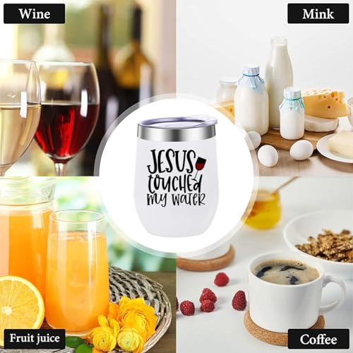 ATHAND 12oz Jesus Touched My Water Stainless Steel Wine Tumbler with Lid - color: Jesus Touched My Water Wine Tumbler-White