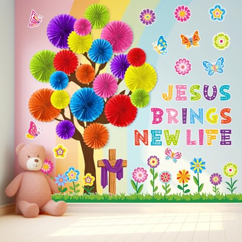 Gersoniel 76 Pcs Back to School Bulletin Board Decorations Christian Classroom Bulletin Boards 3D DIY Paper Fans Tree Cutouts Jesus Religious Cross Decor for First Day of School Wall Decor Supplies - style: Spring