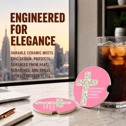 Pink Christian Bible Car Coasters, Floral Cross Scripture Cup Holders, 29 - color: Floral Cross