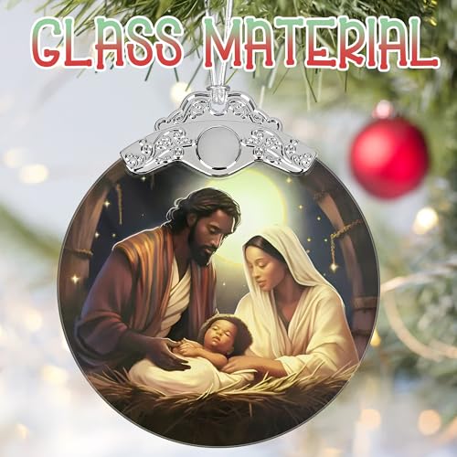 Nativity Christmas Ornaments, 3" Stained Glass Christmas Decor, Religious Ornaments for Christmas Tree, Christian Gifts for Kids, Religious Gifts for Women, Perfect for Holiday Party, Window, Tree - color: Nativity African