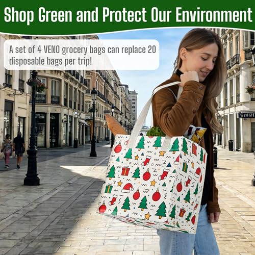 VENO 4 Pack Large Grocery Bag Reusable Shopping Bags with Hard Bottom - color: Jingle Mix - 4 Pack