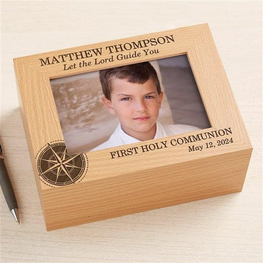 Personalization Universe Personalized First Communion Compass and Photo Keepsake Box - Customizable Storage for Religious Mementos, Perfect for Jewelry and Trinkets, First Communion Gift for Boys