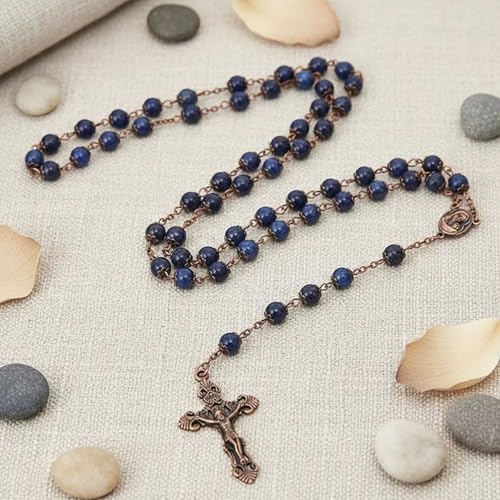 Nazareth Store Natural Stone Beads 8mm Rosary Necklace Antique Copper Design Holy Soil Medal & Cross in Velvet Bag - Catholic Rosaries Terra Santa Jerusalem Collection - color: Lapis Lazuli