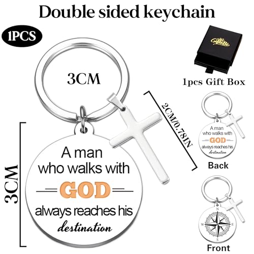Christian Gifts Keychain for Men, Religious Baptism Gift Keychains for Birthday Christmas, A Man Who Walks With God Keyring - color: Silver