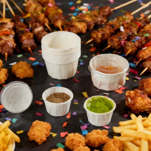 Disposable Ketchup Cups 1oz,100 Count, Disposable Paper Condiment Cups with Lids, Paper Sauce Cups for Medication, Pills, Desserts, Samples and Sauce (White) - color: White-1oz