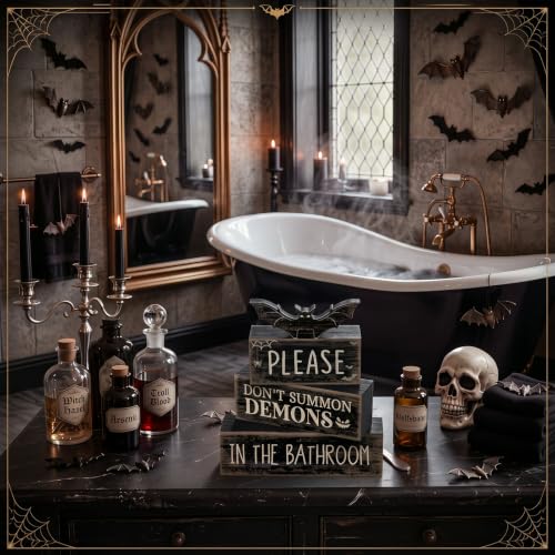 Moucuny 4 Pcs Halloween Table Decoration Gothic Bat Wooden Stacked Blocks - style: Bat & Demon