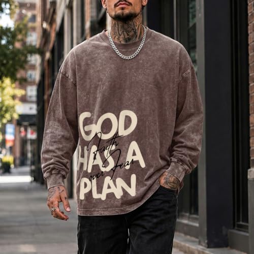 Mens Christian Long Sleeve Shirt Faith Over Fear God Jesus Faith Acid Wash T Shirt Religious Graphic Tee Vintage Top - color: Coffee, size: XX-Large