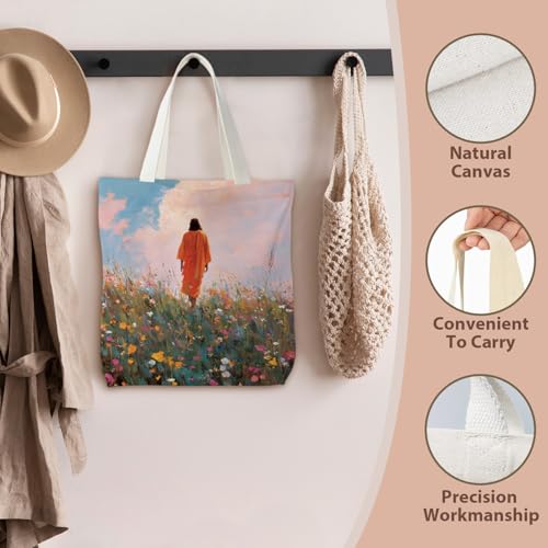 kunlisa Christian Tote Bag for Women, Christian Gifts for Women Faith Canvas Tote Bag - color: Jesus Was Among the Flowers