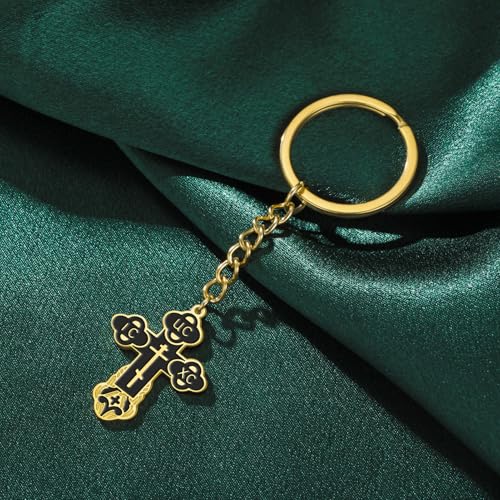 TEAMER Cross Keychain Russian Orthodox Crucifix Eastern Church Keychain Religious Christian Prayer Jewelry for Men Women - color: Black Gold