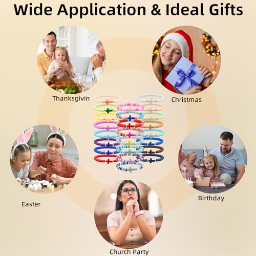 WOVTE 48 Pcs Jesus Bracelets Cross Christian Bracelet Pack, Handmade Elastic Colorful Polymer Clay Beaded Bracelets Inspirational Religious Reminder Jewelry for Woman