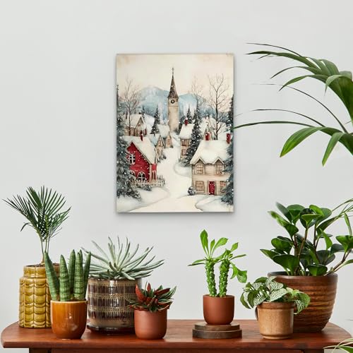 KSDUT Vintage Winter Canvas Wall Art Decor - Retro Winter Country Xmas Artwork Canvas Frame Hanging Prints, Rustic Landscape Town Christmas Wall Decor for Home Farmhouse Bedroom Decorations 11"x14" - color: Christmas-3