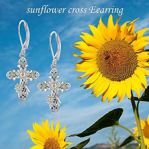Cross Earrings 925 Sterling Silver Cross Dangle Drop Earring Gifts for Women sunflower