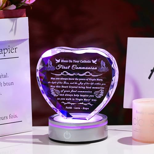 Qianwei First Communion Gifts for Boys Girls, 3D Engraving Crystal Praying Boy John Figurine Virgin Mary First Communion Veil Decoration, Baptism Gifts for Boy Girls Catholic - color: Communion- Virgin Mary-heart