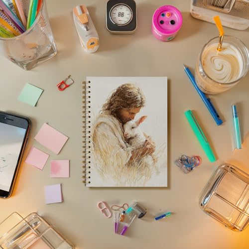 Jesus and Lamb Christian Spiral Notebook, He Left The 99 to Find Me Bile Prayer Journal for Women Men, Jesus Leaves The 99 Sheep Notebook Journal for School Office Supplies, 5.5 x 8.3 Inch - color: 18Child