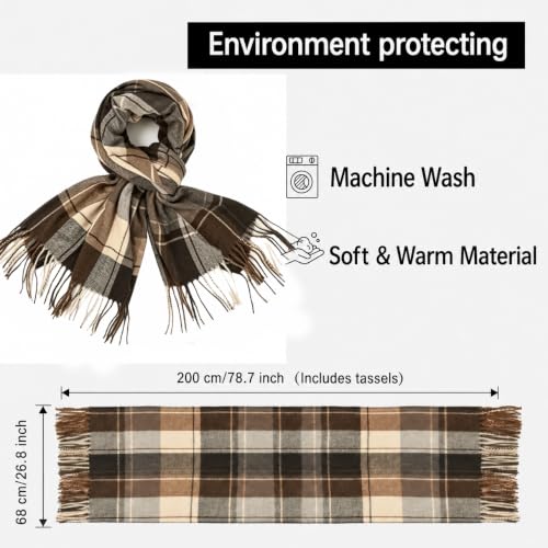 Fall Winter Plaid Scarf for Women Soft Tassel Scarves Oversized Shawl Wraps - color: Coffee-plaid