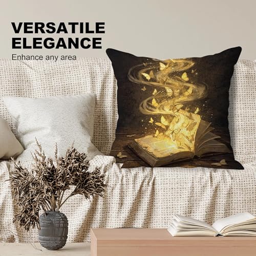 Magical Book Butterfly Pillow Cover 18x18, Bookworm Bookish Librarian Lover Gifts, Dark Academia Library Reading Decorative Throw Pillow Cover for Home Living Room Bedroom Library - color: Magical Book