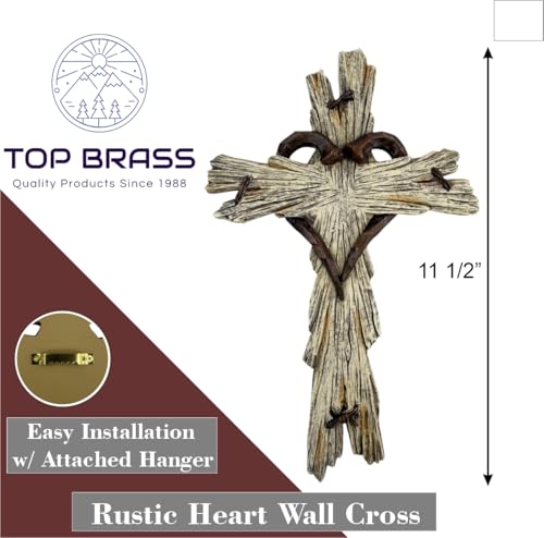 Rustic Wood-Look Resin Wall Cross with Barbed Wire & Nail Heart Accents – 11 ½” Christian Farmhouse Wall Décor, Inspirational Religious Gift (Whitewash) - color: Whitewash