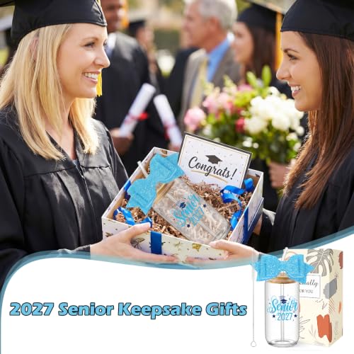 Class of 2027 Senior Gifts - Senior 2027 Blue Glass Tumbler with Glitter Bow, Graduation Gift for Girls Women Player College High School Daughter Friends Graduates - style: blue senior