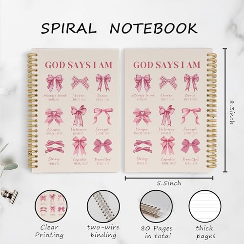 YLZlhb Coquette Pink Bow Christian Spiral Notebook Journal, Bible Verse Notebooks for Note Taking, Inspirational Christian Gifts for Women, God Says I Am Hardcover Spiral Journal 5.5x8.3 Inches - color: god says
