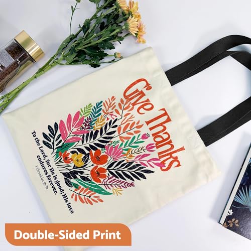 Canvas Tote Bag Aesthetic for Women, Cute Tote Bag with Zipper Pocket, Heavy Duty Reusable Shopping Bags for Grocery - color: 06-bible Give Thanks