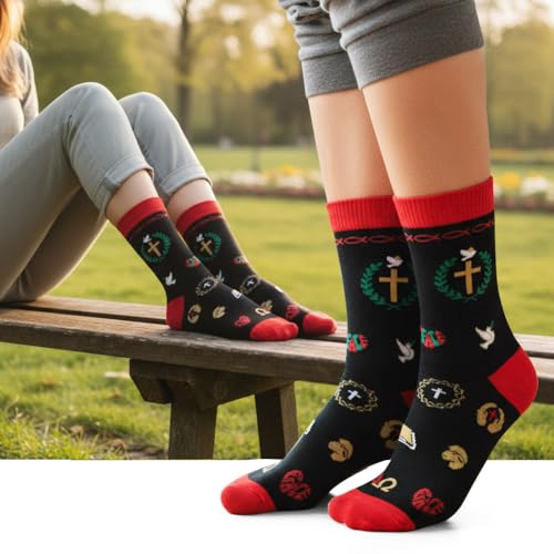 shiningsoul 4-Pack Christian Mid-Calf Socks for Men & Women, Religious Socks with Cross, Dove, Fish Symbol Design, 2 Pack White & 2 Pack Black