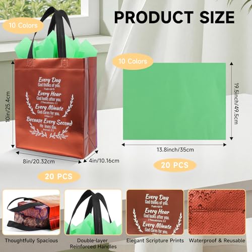 LUAVIARU 40 Pcs Bible Verse Christian Gift Bags Set – 20 Brown Reusable Gift Bag with Handles & 20 Tissue Paper, Religious Gift Bag for Church Events, Baptism, Easter, Communion, Congratulations - color: Brown, size: 20