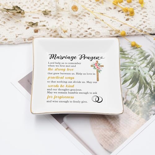 Christian Wedding Gifts for Couple, Marriage Prayer 4" Ceramic Jewelry Dish for Women, Religious Wedding Gifts for Newlyweds, Bride to be, Wife - Married Anniversary - Mr & Mrs, Bridal Shower Gift - color: Marriage Prayer