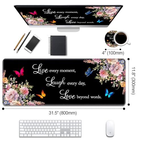 Desk Pad Mat Gaming Mouse Pads with Coasters Set, Stitched Edges Design Mouse Pad XL Large Mouse Pad for Laptop Computers Floral Quote Live Laugh Love Desk Writing Mat for Office & Home 31.5"x 11.8" - color: Floral Quote Live Laugh Love, size: 31.5" x 11.