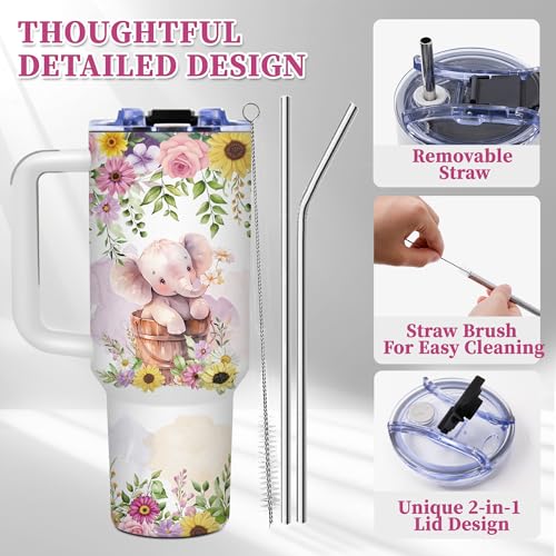 Elephant 40oz Tumbler with Handle & Straw, Gift for Women & Girls - color: Elephant-White