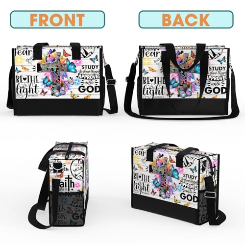 84hoods Aesthetic Tote Bag for Women. Christian Faith Religious Gift. Waterproof Bag with Pockets and Zipper. - color: Flowers and Butterflies