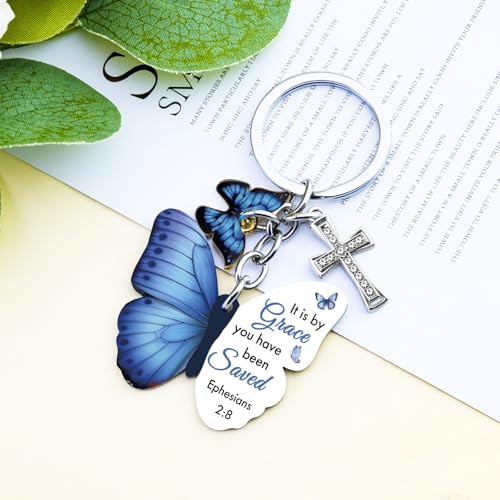 Butterfly Christian Keychain Women Cross Bible Verse Keychain Butterfly Purse Charm Inspirational Religious Gifts - color: Blue