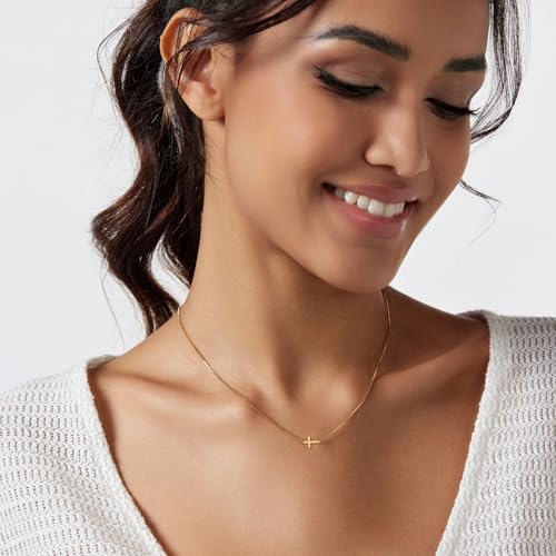 LULII Cross Necklace for Women Dainty 14K Gold Silver Plated Small Cross Pendant Choker Simple Cute Cross Gold Necklace for Women Trendy Faith Jewelry Gift - color: Sideways Cross Box Chain-Gold