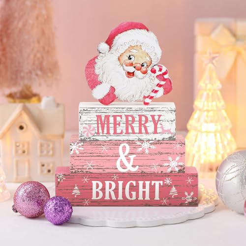 Geelin 4 Pcs Christmas Santa Wooden Table Decor Pink Winter Tiered Decor - style: Santa
