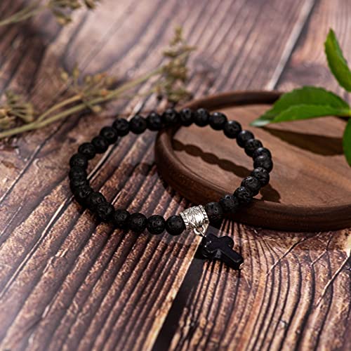 Softones 6mm Bead Cross Pendant Bracelet for Women Healing Stone Stretch Prayer Bracelet for Women,with Gift Box - color: Lava