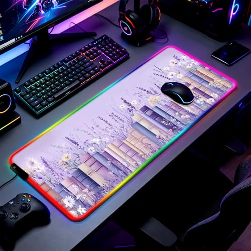 RGB Books Among Wildflowers Gaming Desk Mat & XL Mouse Pad, Purple - color: RGB-H05