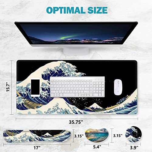 ToLuLu Extended Gaming Mouse Pad, Ergonomic Keyboard Mouse Wrist Rest Set - color: Wave of Kanagawa