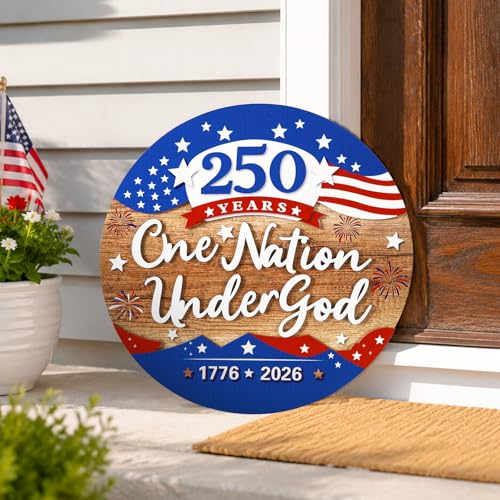 JarThenaAMCS 250th Anniversary Welcome Door Sign Patriotic 3D Wooden Hanging Sign American Flag Fireworks Round Door Hanger for 4th of July Independence Memorial Day Home Wall Decorations, 12 Inch - style: American Flag