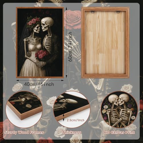 HLNIUC Halloween Rose Wedding Framed Wall Art,Vintage Skeleton Rose Canvas Prints,Abstract Romantic Theme Wall Decor Set of 3(16”x24”)Dark Romance Framed Painting,Roses Skull Art Print for Living Room - color: Dark Halloween, size: 16"L x 24"W