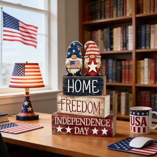 4th of July Table Decorations Patriotic Memorial Day Tiered Tray Decor Wooden Gnome Block Signs Independence Farmhouse 250th July Fouth Centerpiece for Tables Wooden Sign for Home Decor - style: Patriotic Gnomes