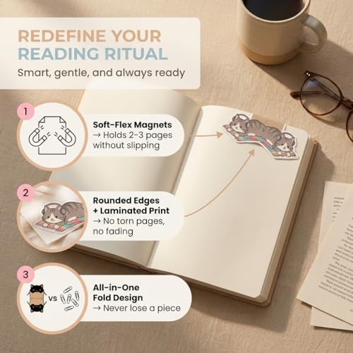 TheClover Lazy Cats Magnetic Bookmarks – Set of 10 Cozy Sleeping Kitty Page Clips, Cute Cat Gifts for Book Lovers & Slow Living Fans, Creative Magnetic Bookmarks for Journals, Office & Home - style: Cats Magnetic Bookmarks